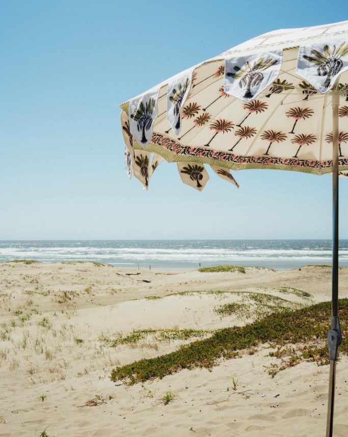 Hand block palm printed fabric parasol in pink.