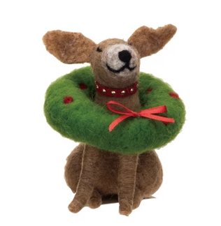 Wool Felt Christmas Dog With Wreath Around Neck