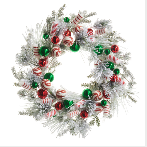 24" Frosted Pine and Peppermint Wreath