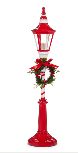 21" Lighted Red and White Lamp Post