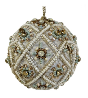 Grey, Silver And Blue Beaded Embroidery Fabric Ball Ornament