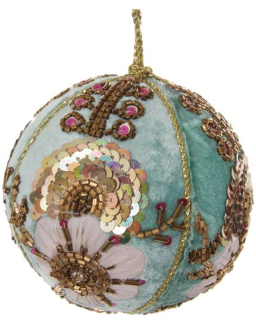 Mint Embroidery Velvet Floral Ball Ornament