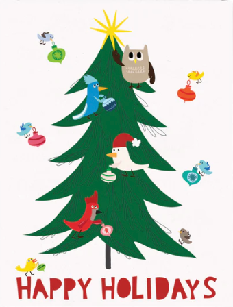 Happy Holidays Birds Decorating the Tree