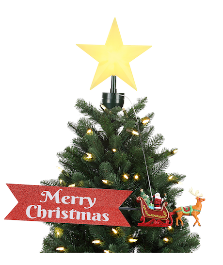 Animated Tree Topper- Santa Sleigh with Merry Christmas Banner