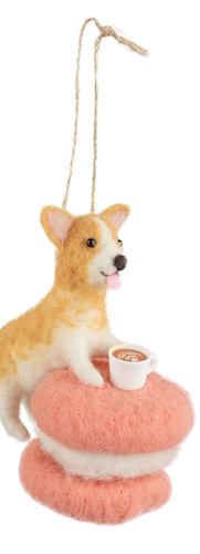 Felt Dog On Macaroon With Coffee Cup Ornament