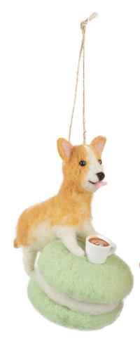 Felt Dog On Macaroon With Coffee Cup Ornament