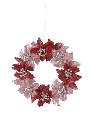 5" Round Acrylic Poinsettia Wreath Ornament with Glitter, Red & Pink