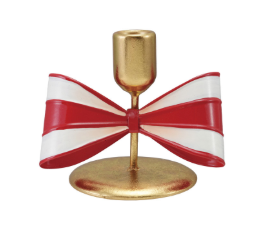 Metal Taper Holder with Striped Bow, Gold Finish, Red & White