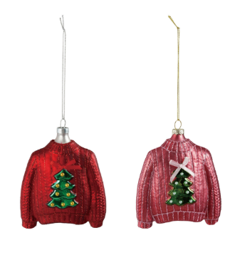 4"H Hand-Painted Glass Sweater Ornament w/ Tree & Bow, 2 Colors