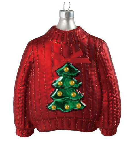 4"H Hand-Painted Glass Sweater Ornament w/ Tree & Bow, 2 Colors