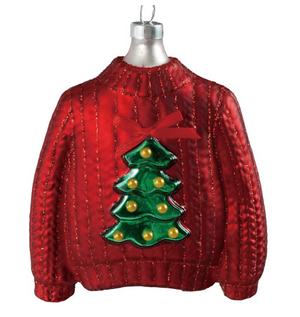 4"H Hand-Painted Glass Sweater Ornament w/ Tree & Bow, 2 Colors