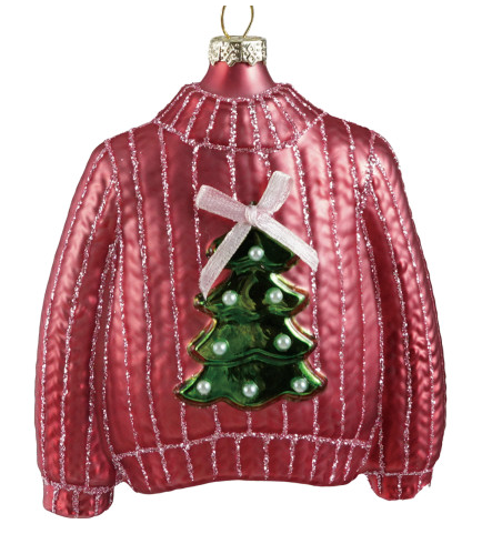 4"H Hand-Painted Glass Sweater Ornament w/ Tree & Bow, 2 Colors