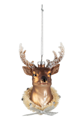 Hand-Painted Glass Deer Head Ornament with Wreath, Beads, Glitter & Bow