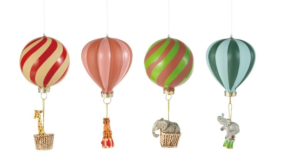 5-1/2"H Hand-Painted Glass Striped Hot Air Balloon Ornament w/ Hanging Resin Animal, Multi Color, 4 Styles