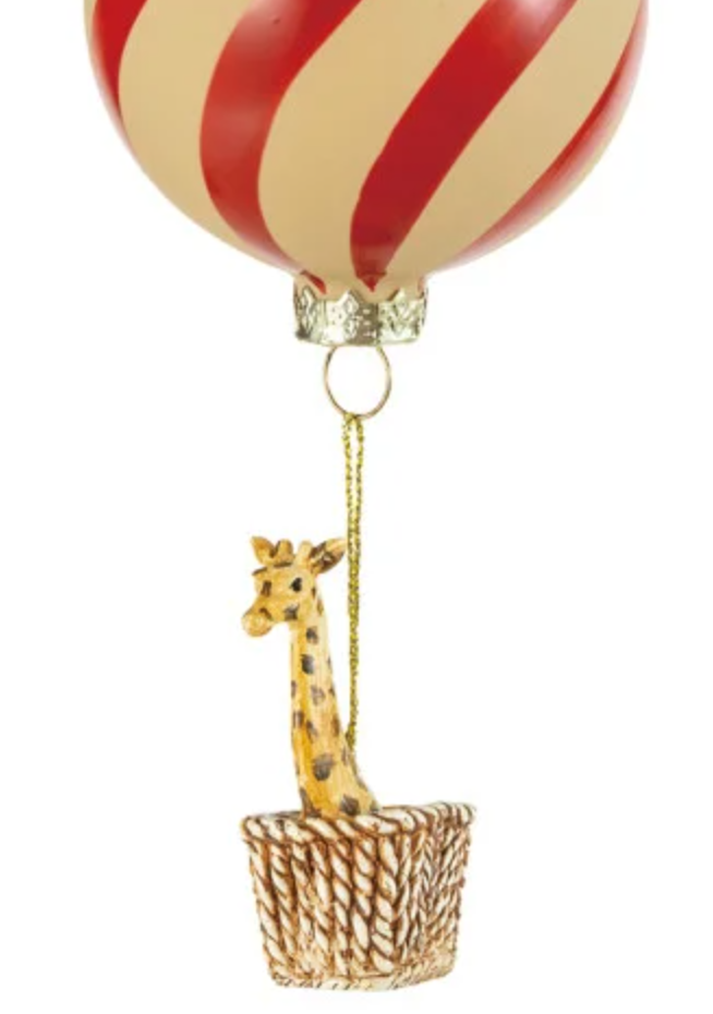 5-1/2"H Hand-Painted Glass Striped Hot Air Balloon Ornament w/ Hanging Resin Animal, Multi Color, 4 Styles