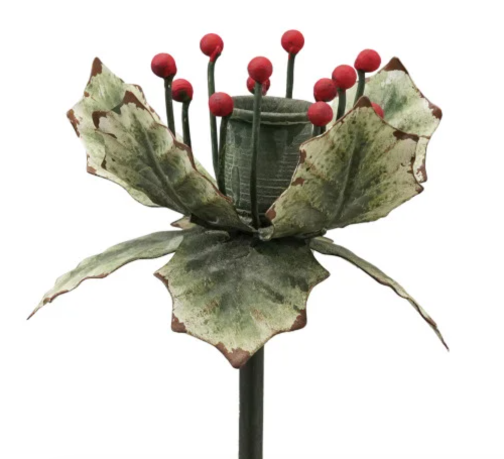 Painted Metal Holly Leaf Shaped Taper Holder, Green & Red
