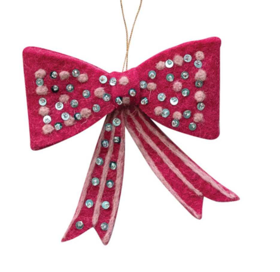 Handmade Wool Felt Bow Ornament with Embroidery, Sequins & Beads, 6 Styles