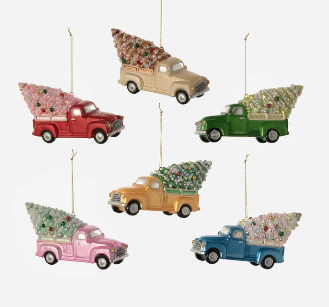 Truck With Tree Glass Ornament