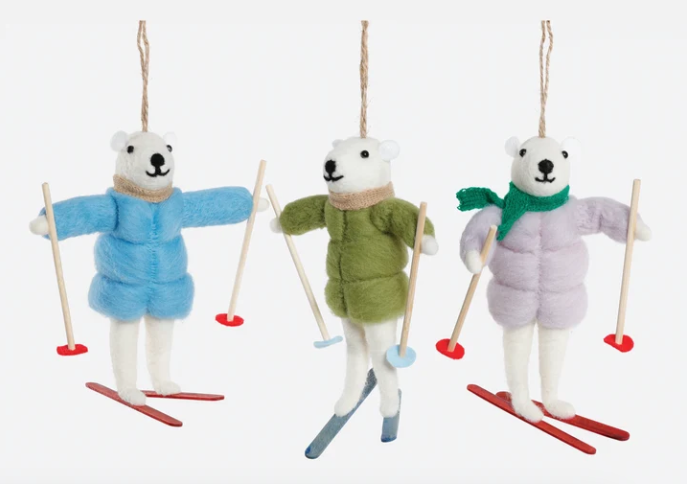 Skiing Polar Bear Wool Ornament