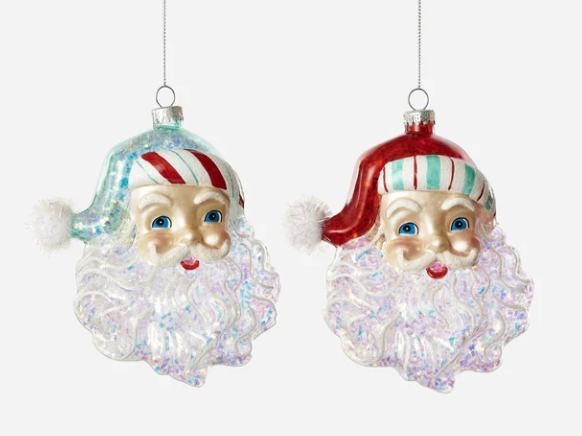 Candy Stripe Santa Head Glass Ornament