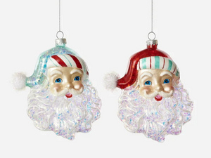 Candy Stripe Santa Head Glass Ornament