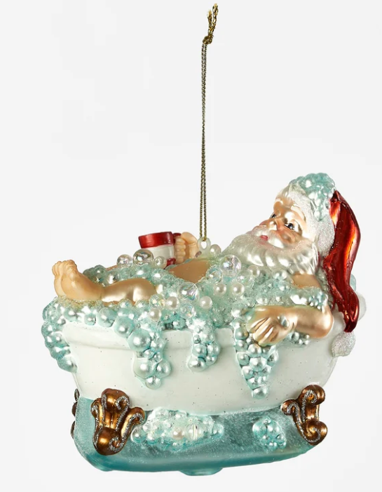 Santa Bathtub Glass Ornament