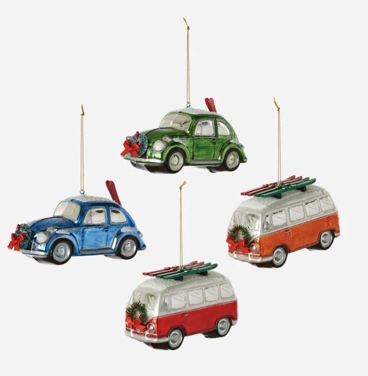 Bug and Bus with Skis Glass Ornament