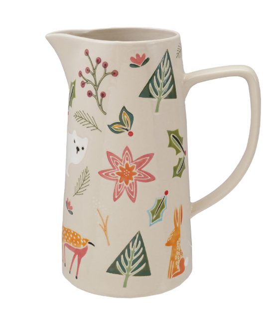 2 Quart Hand-Painted Stoneware Pitcher with Wax Relief Animals & Seasonal Botanicals