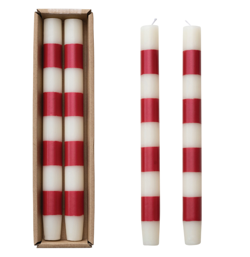 10"H Unscented Taper Candles w/ Stripes in Box, Set of 2