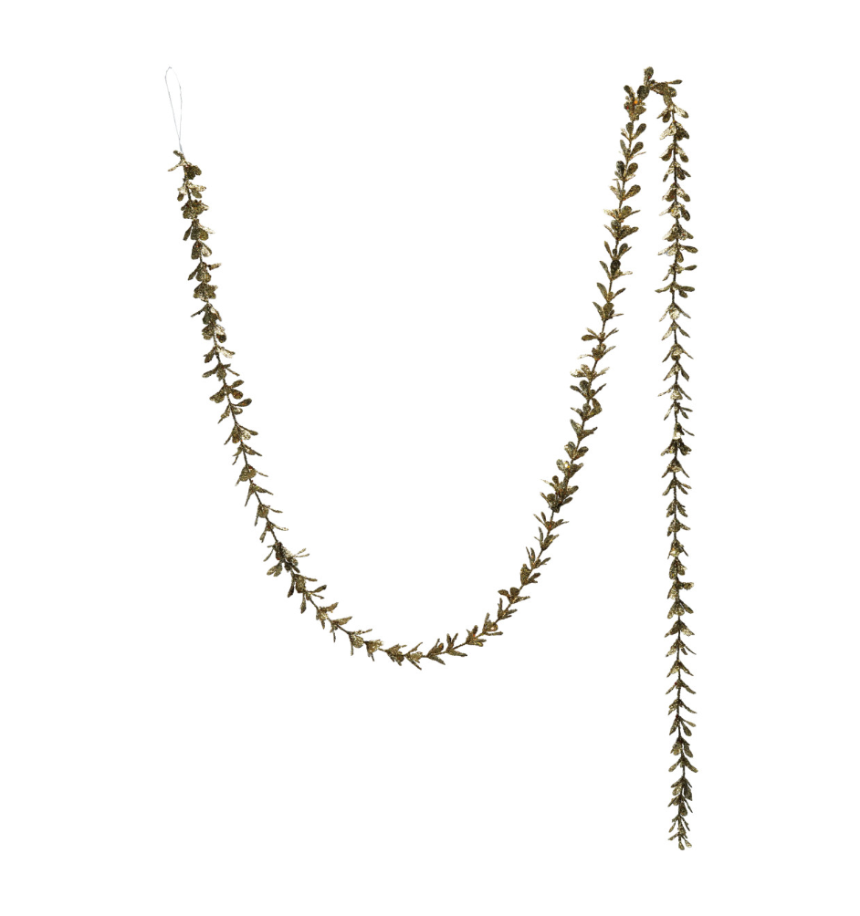 72"L x 1"H Faux Boxwood Garland with Glitter, Gold Finish