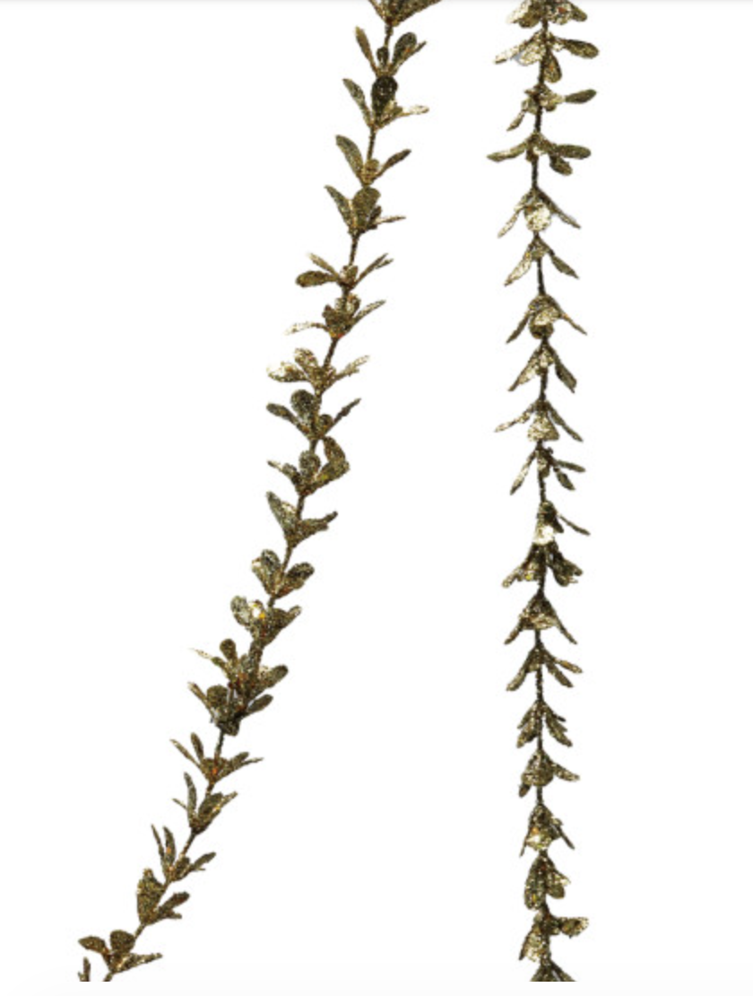 72"L x 1"H Faux Boxwood Garland with Glitter, Gold Finish