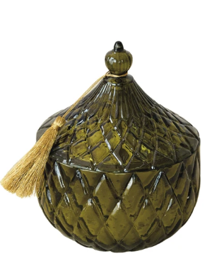 21.9oz. Embossed Glass Walk In The Woods Scented Jar Candle with Lid & Gold Color Tassel