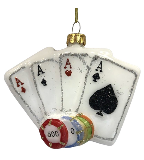 GLASS POKER CARDS 4″X4″ WHITE/BLACK HAND W/ CHIPS