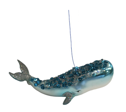 GLASS WHALE 5″X3″ BLUE/WHITE GLITTERED HUMPBACK DESIGN