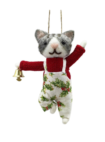 WOOL CAT 4″X5″ RED SWEATER W/GREEN HOLLY PRINTED OVERALLS