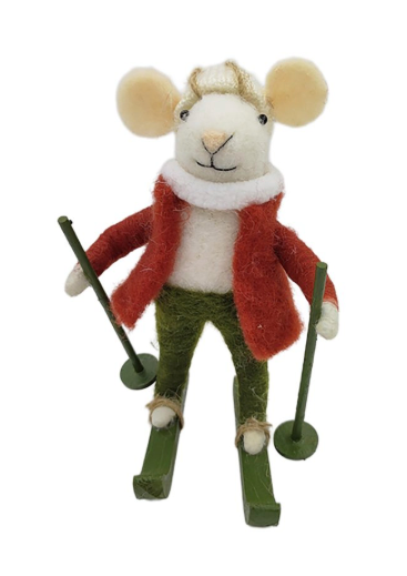 WOOL MOUSE 3.5″X5″ RED COAT SKIING W/BROWN WOODEN POLES