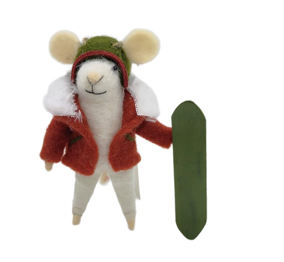 WOOL MOUSE 4″X5″ RED COAT HOLDING A GREEN SNOWBOARD