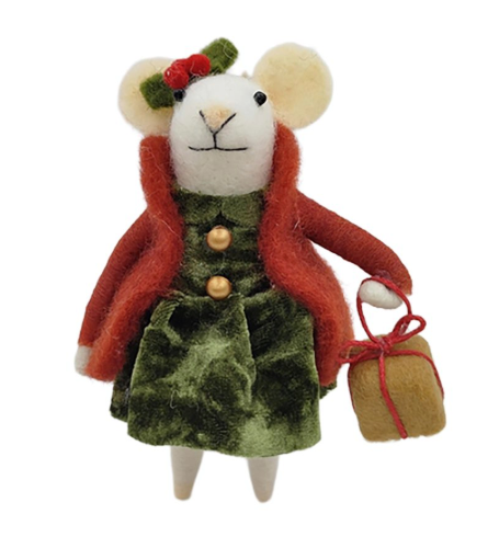 WOOL MOUSE 3.5″X4.5″ GREEN & RED OUTFIT W/HOLDING A BROWN GIFT