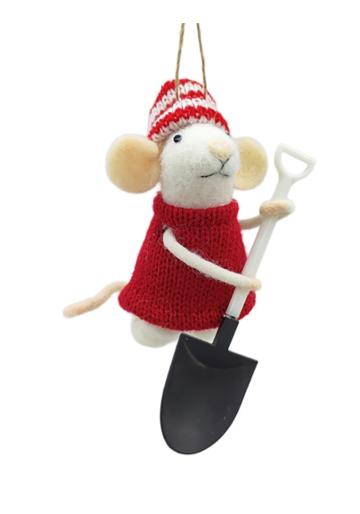WOOL MOUSE 2″X4″ RED OUTFIT HOLDING A BLACK SNOW SHOVEL