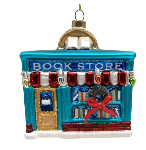 GLASS BOOK STORE 4″X4″ BLUE/BROWN VILLAGE BOOK STORE