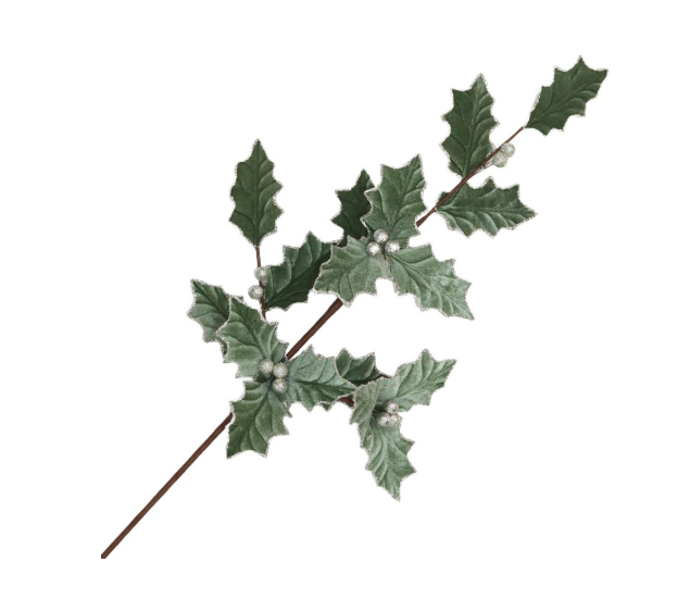 SPRAY HOLLY LEAF VELVET SAGE 32.5″ W/ GLITTER TRIM