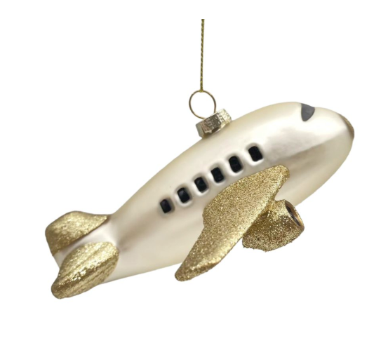 GLASS AIRPLANE 5″X2″ GOLD/WHITE VINTAGE PROPELLER PLANE