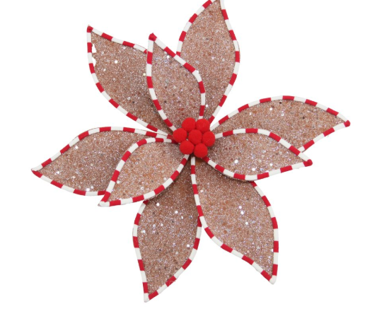 POINSETTIA HEAD BROWN 13″ GINGERBREAD W/ RED & WHITE BORDER & GLITTER