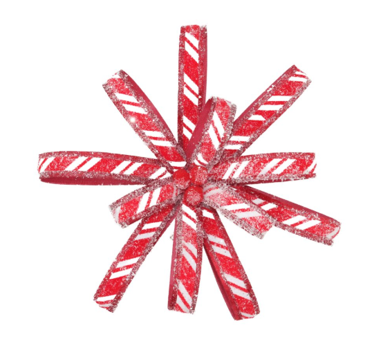 FLOWER HEAD CANDY CANE RED/WHITE 10″ VELVET FOLDED PETALS FROSTED W/ GLITTER
