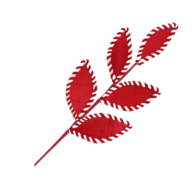 SPRAY MAGNOLIA LEAF CANDY CANE RED/WHITE 25″ FUR VELVET STRIPES BORDER
