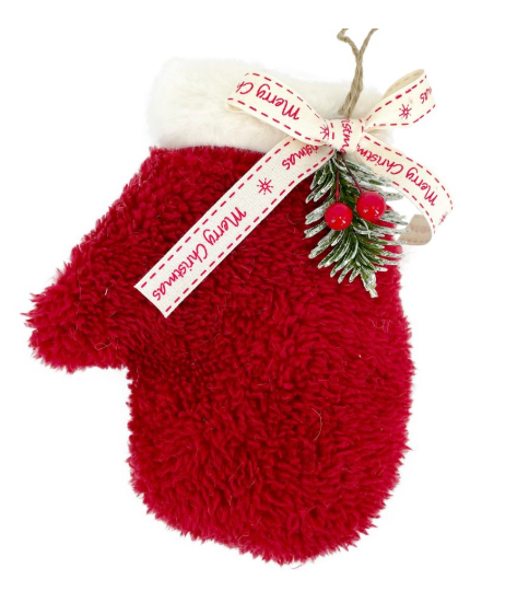 MITTEN FLEECE 8″ RED/WHITE W/ FUR TRIM & “MERRY CHRISTMAS” RIBBON