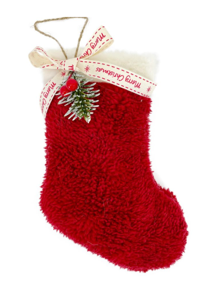 STOCKING FLEECE 9″ RED/WHITE W/ FUR TRIM & “MERRY CHRISTMAS” RIBBON