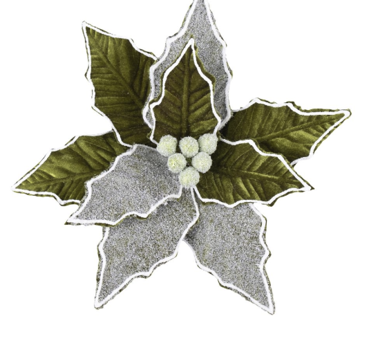POINSETTIA HEAD GREEN MOSS 11″ VELVET W/ FROSTED PETALS & CLIP