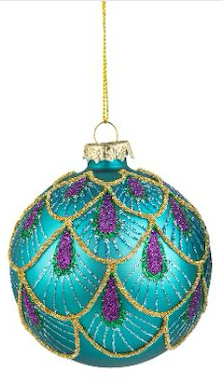 Glass Ornaments in Teal with Peacock Pattern