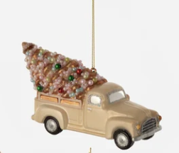 Truck With Tree Glass Ornament